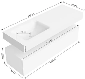 Zaro Alan badmeubel 130cm talc 1 lade met vrijhangende wastafel cloud links zonder kraangat talc
