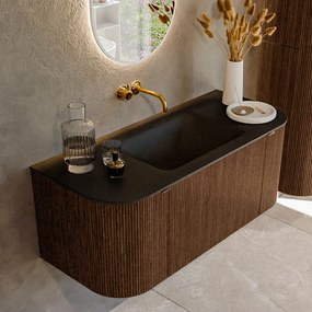 Mondiaz Kurve 110cm badmeubel ronding links/rechts walnut met 1 lade en 2 deuren en wastafel cloud midden zonder kraangat urban