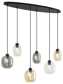 Hanglamp zwart met amber en smoke en helder glas 6-lichts - Elena