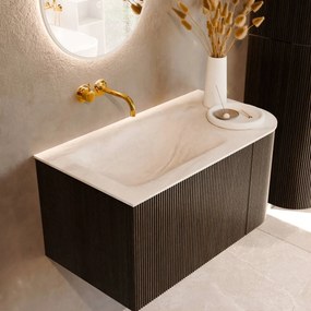 Mondiaz Kurve-dlux 85cm badmeubel ronding rechts shadow met 1 lade en deur en wastafel cloud links zonder kraangat ostra