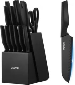 VEVOR Keukenmessenset met messenblok (hout) en slijpstaaf, 15-delige messenset van scherpe messen gemaakt van hoogwaardig roestvrij staal met hoog koolstofgehalte, keukengerei met ergonomische PP-handgreep, voor hobbykoks.