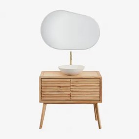 Deleyna Houten Badkamermeubelset Natuurlijk Hout & Rond Cement Wit Ø40 Cm Zavion & Ovaal Led En Anticondens 100x80 Cm Riben & Goud - Sklum