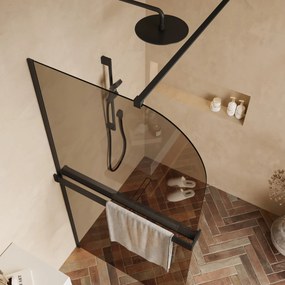 Saniclear Moon afgeronde inloopdouche 90cm mat zwart met bronsglas en handdoekhouder