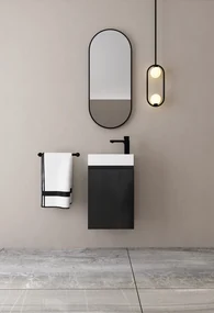 MD Interior Eden toiletmeubel zwart mangohout links met solid surface fontein rechts