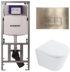 QeramiQ Dely Toiletset - 36.3x51.7cm - diepspoel - rimless - Geberit UP320 inbouwreservoir - met Burda frame - softclose toilet zitting 35 mm - geborsteld messing bedieningsplaat - rechthoekige knoppen - wit glans SW1026255 / SW1159505/0701131/SW706201