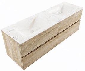 Mondiaz Vica DLux badmeubel 150cm washed oak 4 lades met wastafel ostra dubbel 2 kraangaten