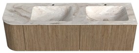 Mondiaz Kurve-dlux 155cm badmeubel ronding links dusk met 2 lades en 1 deur en wastafel leaf dubbel/rechts 2 kraangaten frappe