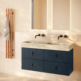 Muebles Murcia badmeubel ribbelfront 120cm marine blauw met White Travertin wastafel zonder kraangaten