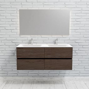 Zaro Valencia Solid Surface badmeubel 120cm donker eiken 2 kraangaten dubbele spoelbak met 4 lades