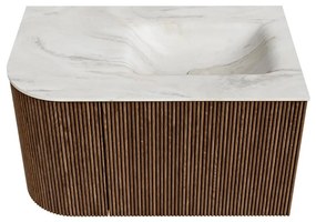 Mondiaz Kurve-dlux 75cm badmeubel ronding links walnut met 1 lade en deur en wastafel grunne rechts zonder kraangat ostra