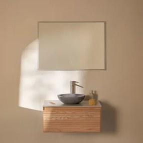Tedrik Zwevend Badkamermeubelset 80x50 Cm In Essenhout Ash Brown & Rond Grijs Cement Ø40 Cm Tarsis & Rechthoekige Led En Anticondens 100x70 Cm - Sklum