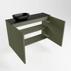 Mondiaz Fowy toiletmeubel 80cm army met zwarte waskom links en kraangat