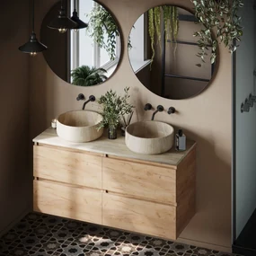 Fontana White Travertin warm eiken wastafelmeubel 120cm met toppaneel en ronde waskommen
