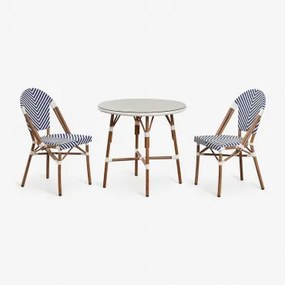 Ronde Tafelset Ø80 Cm En 2 Stapelbare Eetkamerstoelen Van Aluminium En Synthetisch Riet Brielle Bistro Ken Blauw - Gardenia Wit - Sklum