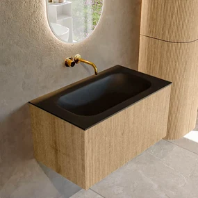 Mondiaz Kurve 80cm badmeubel oak met 1 lade en wastafel big small midden zonder kraangat urban