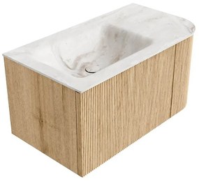 Mondiaz Kurve-dlux 85cm badmeubel ronding rechts oak met 1 lade en deur en wastafel cloud links zonder kraangat frappe