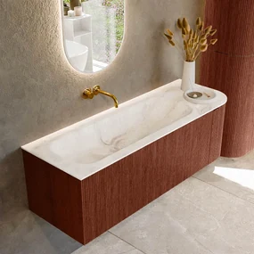 Mondiaz Kurve-dlux 135cm badmeubel ronding rechts ruby met 1 lade en deur en wastafel big medium links zonder kraangat frappe