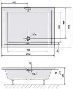 Polysan Deep rechthoekige douchebak met steun 120x90x26cm wit