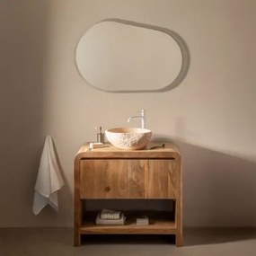 Vacry Houten Badkamermeubelset Acacia Bruin & Onregelmatige In Beige Cement ↔︎40 Cm Fedro & Ovaal Led En Anticondens 100x80 Cm - Sklum