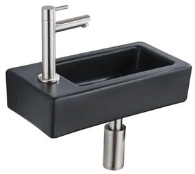 QeramiQ Fuente Fonteinset - 37.5x18.5x9cm - keramiek - kraangat links - fonteinkraan geborsteld RVS - afvoerplug - verlaagd sifon - Mat Zwart SW1122451/SW696207/SW696217/SW696237