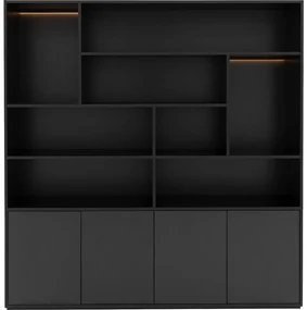 Goossens Basic Buffetkast Madrid, 4 dichte deuren 8 open vakken, zwart melamine, 184 x 191 x 45 cm, elegant chic