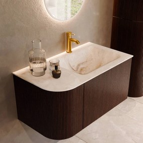 Mondiaz Kurve-dlux 85cm badmeubel ronding links ruby met 1 lade en deur en wastafel cloud kraangat rechts frappe