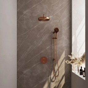 Brauer Stripe inbouw regendouche rond met 25cm hoofddouche, rond met gebogen muurarm, glijstang en 3 standen handdouche set 47 koper geborsteld PVD