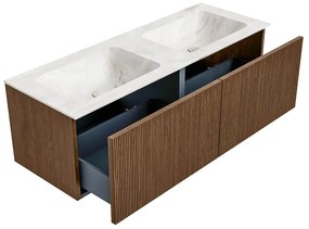 Mondiaz Kurve-dlux 130cm badmeubel walnut met 2 lades en wastafel leaf dubbel zonder kraangat frappe