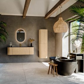 Mondiaz Kurve 140cm badmeubel ronding links/rechts oak met 1 lade en 2 deuren en wastafel big small midden 1 kraangat urban