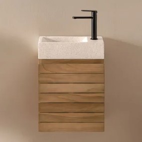 Wandgemonteerde Badkamermeubelset 40x20 Cm Van Teakhout Met Geïntegreerde Napier Cementen Wastafel Teakhout & Spiegelloze & Mat Zwart ↑20 Cm Met Aftap