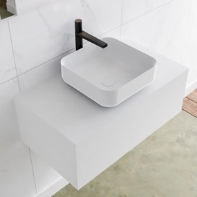 Zaro Lagom volledig naadloos solid surface onderkast met topblad 80cm mat wit met 1 lades Push tot open. Compleet met solid surface opzetkom met 1 kraangat(en)