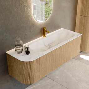 Mondiaz Kurve-dlux 135cm badmeubel ronding links oak met 1 lade en deur en wastafel big medium kraangat rechts frappe