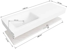 Zaro Alan badmeubel 130cm met planchet washed oak en vrijhangende wastafel cloud links zonder kraangat talc