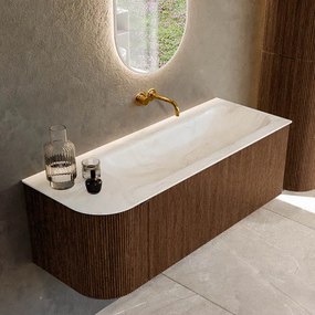 Mondiaz Kurve-dlux 125cm badmeubel ronding links walnut met 1 lade en deur en wastafel big medium rechts zonder kraangat ostra