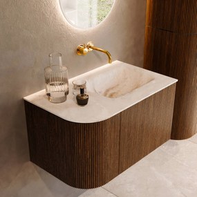 Mondiaz Kurve-dlux 75cm badmeubel ronding links dusk met 1 lade en deur en wastafel grunne rechts zonder kraangat frappe