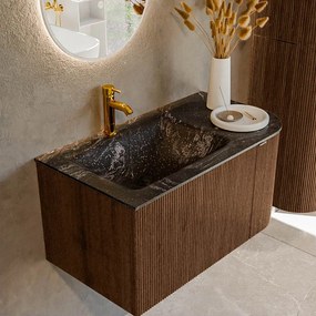 Mondiaz Kurve-dlux 85cm badmeubel ronding rechts walnut met 1 lade en deur en wastafel cloud kraangat links lava