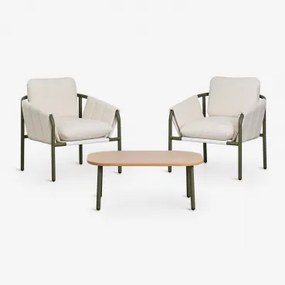 Zunika Tuinset Met 2 Gestoffeerde Fauteuils En Salontafel Van Staal Groen – Intens Olijf - Sklum