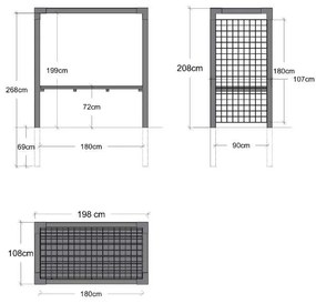Pergola staal met gaaspanelen en houten tafel zwart | 198 x 108 x 208 cm