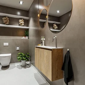 MONDIAZ TURE Fonteinset - 80x23x50cm - 1 kraangat - 2 deuren - washed oak mat - Wasbak rechts - Solid Surface Wit FK75341287