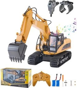VEVOR afstandsbediening graafmachine speelgoed, 15 kanalen, 3-in-1 afstandsbediening graafmachine met metalen bak, 1:14 schaal RC graafmachine met licht en geluid, functionele bouwvoertuigen voor kinderen, 2 accu's