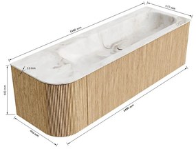 Mondiaz Kurve-dlux 145cm badmeubel ronding links walnut met 1 lade en deur en wastafel big large rechts 2 kraangaten glace