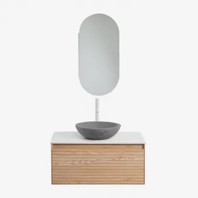 Tedrik Zwevend Badkamermeubelset 80x50 Cm In Essenhout Ash Brown & Rond Grijs Cement Ø40 Cm Tarsis & Ovaal Met Opbergruimte 45x90 Cm Abner & Wit -