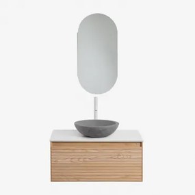 Tedrik Zwevend Badkamermeubelset Van Essenhout Ash Brown & Rond Grijs Cement Ø40 Cm Tarsis & Ovaal Met Opbergruimte 45x90 Cm Abner & Wit - Sklum