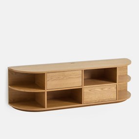 Hangend hifi-TV-meubel in eikenfineer, 2 deuren, 6 nissen, L160 cm, MADDY