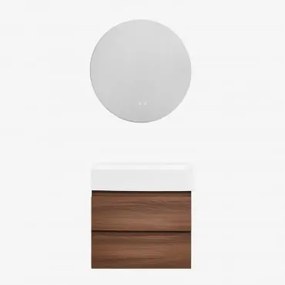 Badkamermeubelset Van Hout En Essenhoutfineer Met Geïntegreerde Wastafel Ona Donker Hout & Round Led And Antifog Ø70 Cm Solyn & Zonder - Sklum