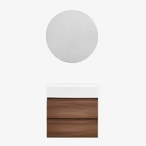Badkamermeubelset Van Hout En Essenhoutfineer Met Geïntegreerde Wastafel Ona Donker Hout & Round Led And Antifog Ø70 Cm Solyn & Zonder - Sklum