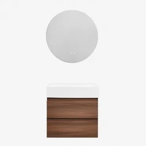 Ona Zwevend Badkamermeubelset Van Hout En Essenfineer Met Geïntegreerde Wastafel Zonder Kraan & Round Led And Antifog Ø70 Cm Riben & Donker Hout & &#x