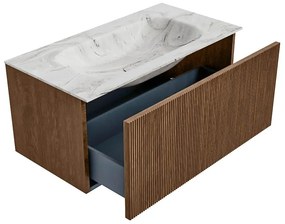 Mondiaz Kurve-dlux 90cm badmeubel walnut met 1 lade en wastafel big small midden zonder kraangat glace