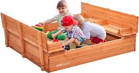 VEVOR Houten Zandbak, 132 x 120 x 43 cm, Zandbak met Opvouwbare Bankjes en Vloerinzetstuk, Natuurlijke Houten Zandbak voor Kinderen voor de Tuin, Strand, Park, Cadeau voor Jongens en Meisjes van 3-12 Jaar