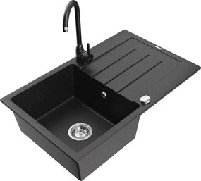 Mexen Bruno granieten gootsteen 1-kamer met afdruiprek en Telma keukenmengkraan, zwart/zilver - 6513-73-670200-70